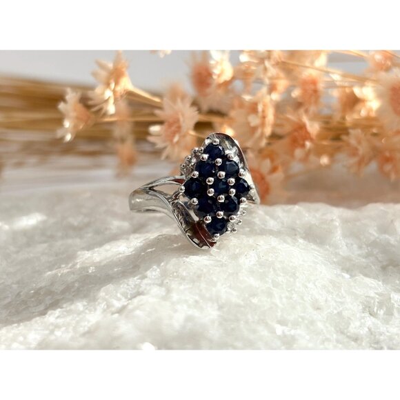 10k White Gold Blue Sapphire & White Diamond Vintage Gemstone Cocktail Ring sz 7 - Picture 2 of 10